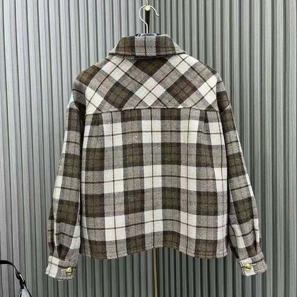 Side angle showing silhouette of Miu Miu Women Check Blouson Jacket with zipper