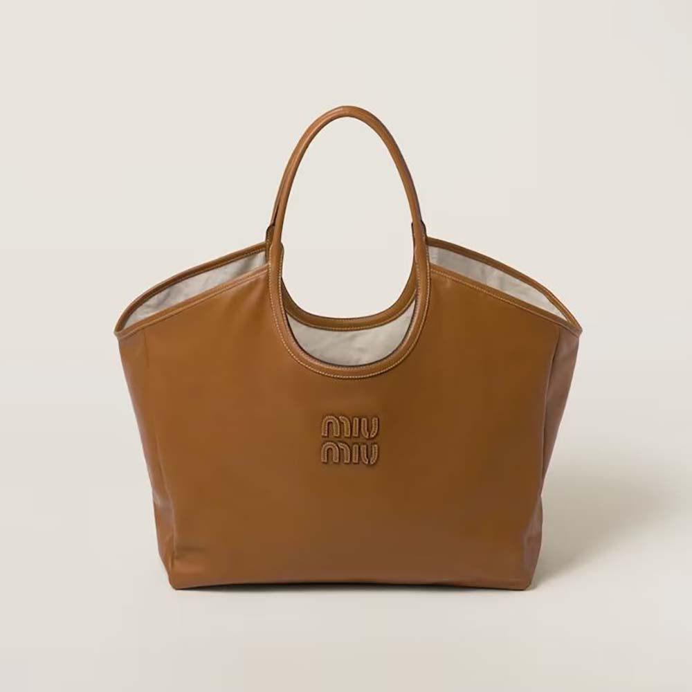Front view of Miu Miu Women IVY Leather Bag with Leather Lettering Logo-Brown