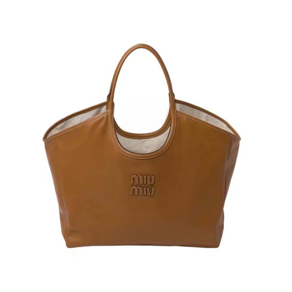 Close-up of tonal leather lettering logo on Miu Miu Women IVY Leather Bag