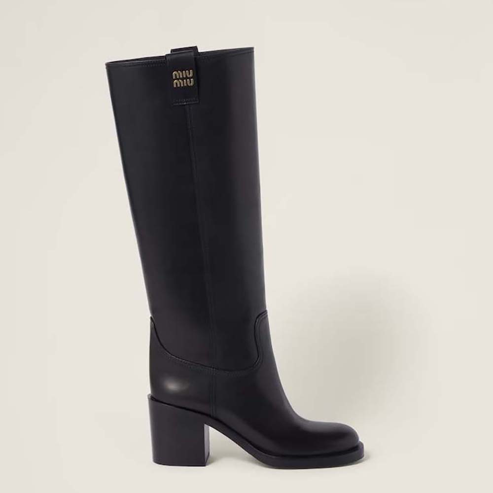 Side view of Miu Miu Women Leather Booties with Screen-printed Logo-Black