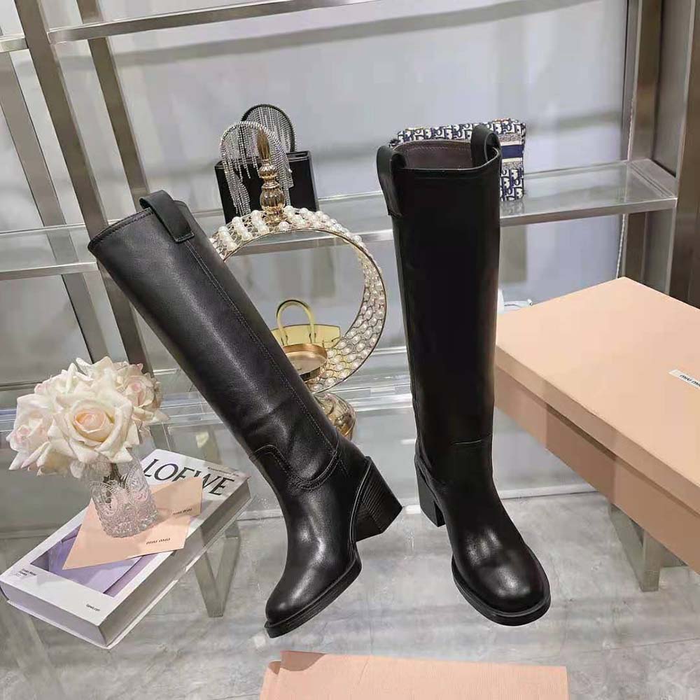 Miu Miu Women Leather Booties with Screen-printed Logo-Black - image 4