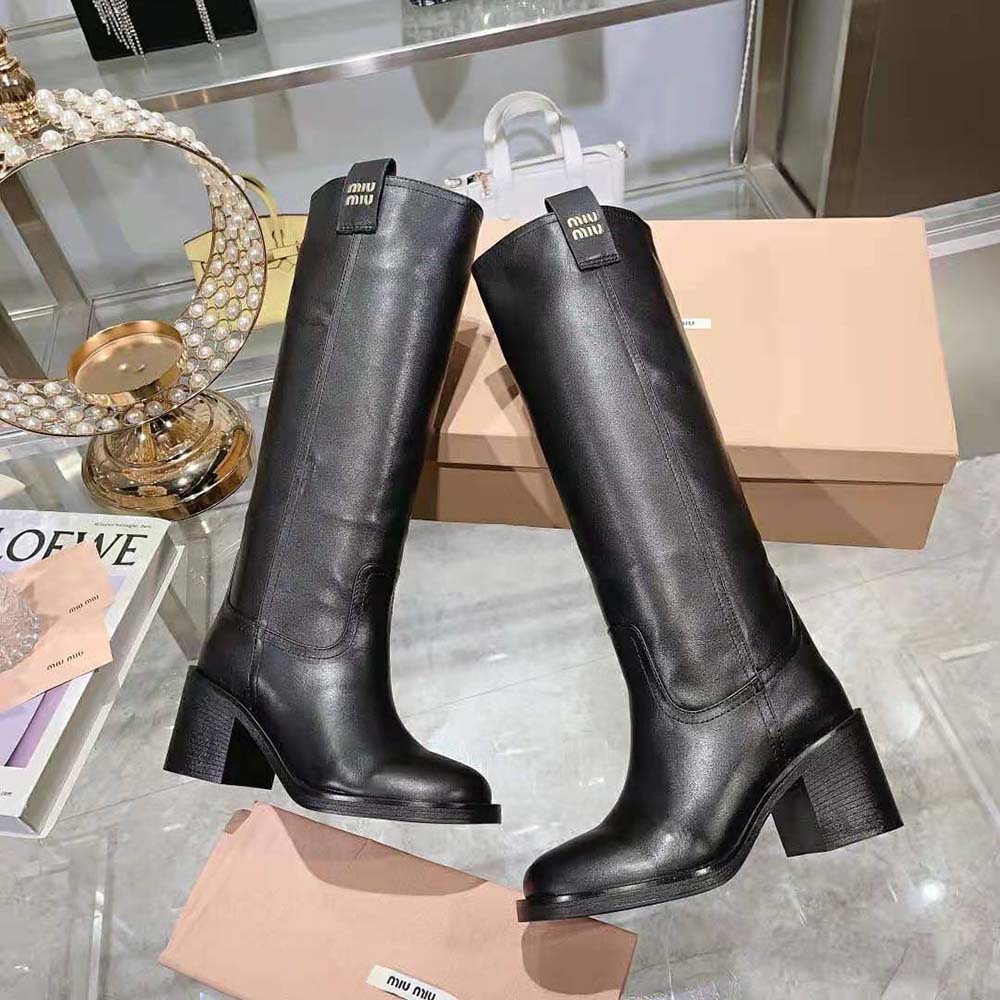 Miu Miu Women Leather Booties with Screen-printed Logo-Black - image 6