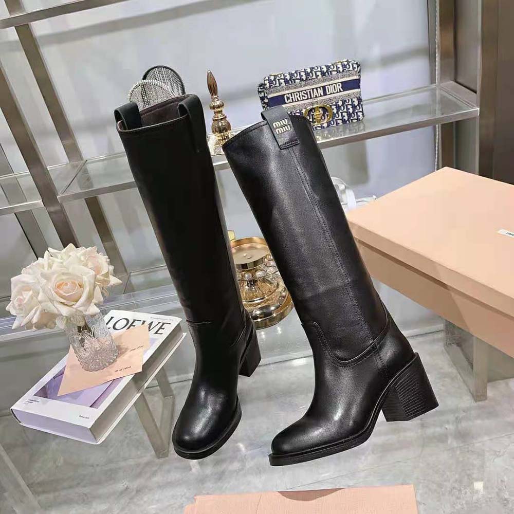 Miu Miu Women Leather Booties with Screen-printed Logo-Black - image 5