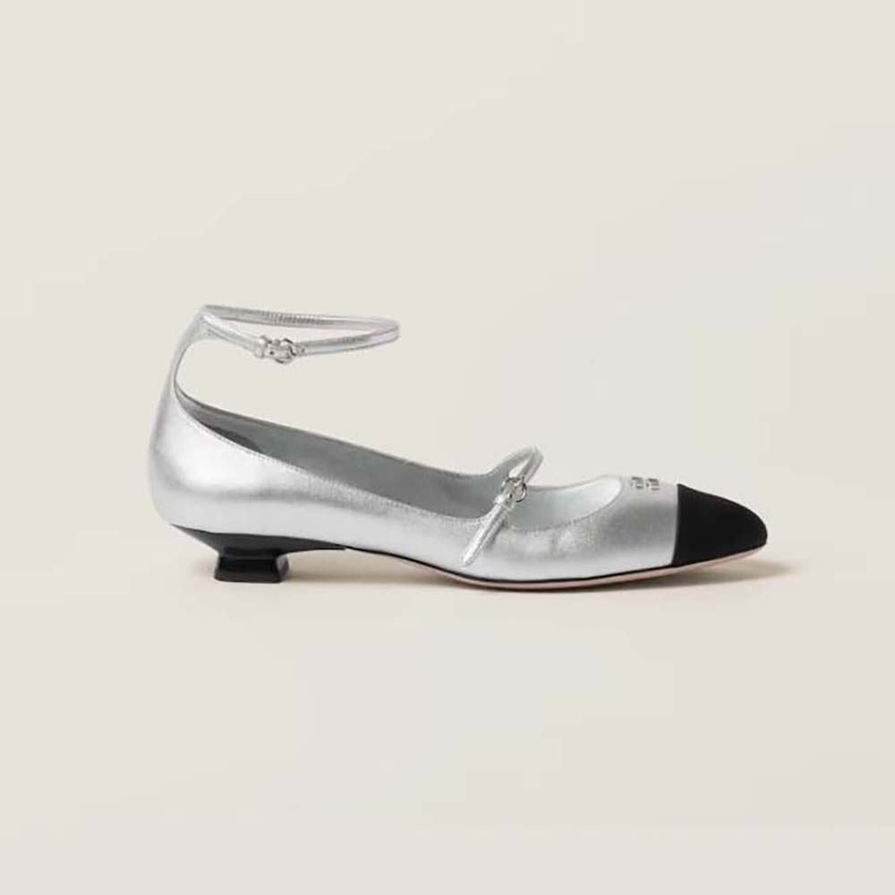 Side angle of Miu Miu Women Mordoré Nappa Leather and Grosgrain Pumps in silver