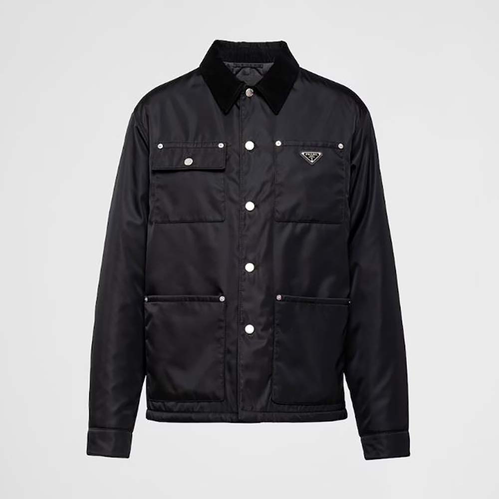Front view of Prada Men Re-Nylon Blouson Jacket-Black zipped up