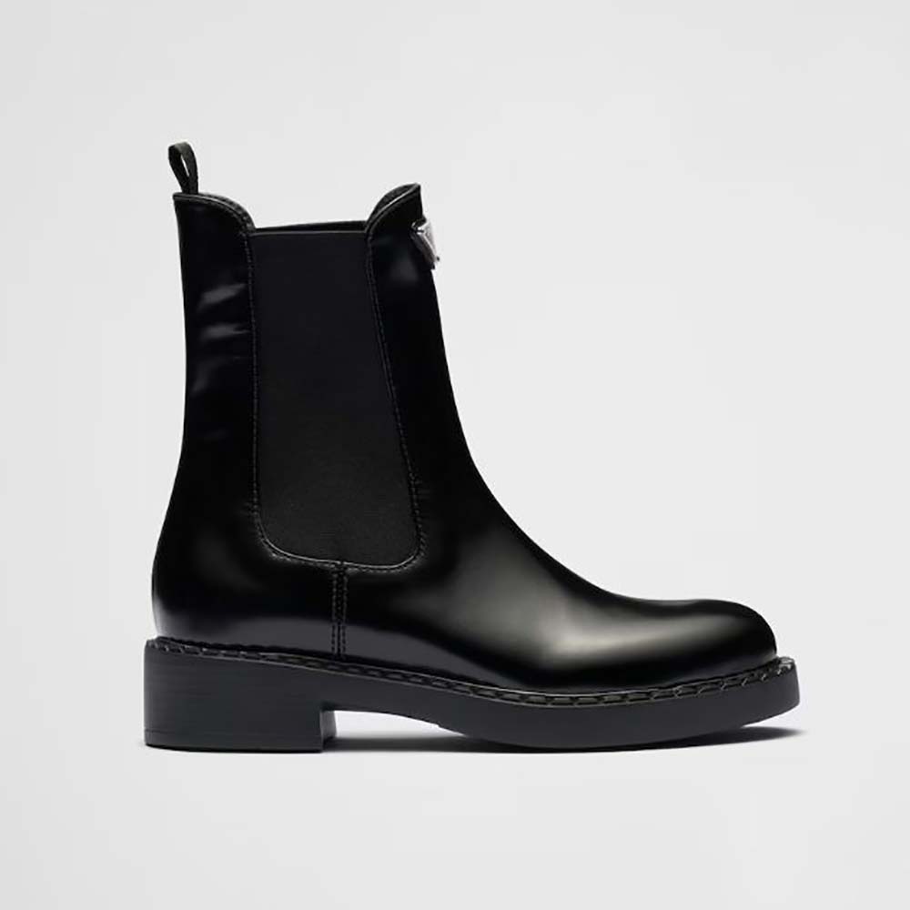 Side view of Prada Women Brushed Leather Booties-Black ankle boots