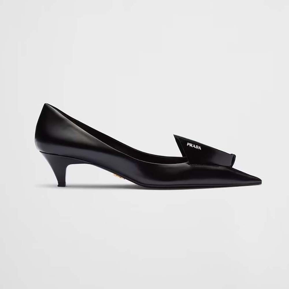 Side view of Prada Women Brushed Leather Pumps-Black showing sleek silhouette