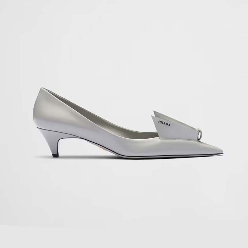 Side view of Prada Women Brushed Leather Pumps-Gray showing silhouette