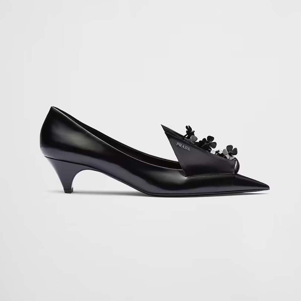 Side profile of Prada Women Brushed Leather Pumps with Floral Appliqués-Black