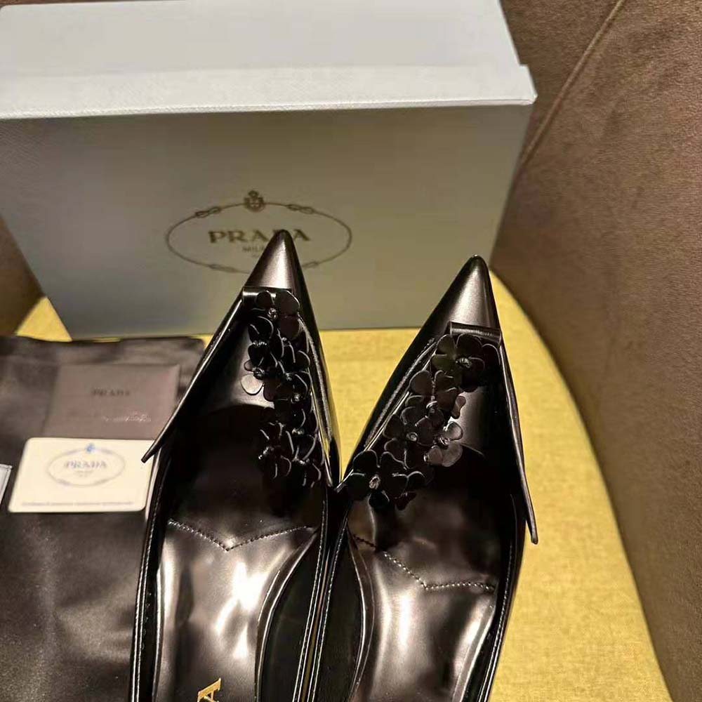 Prada Women Brushed Leather Pumps with Floral Appliqués-Black - image 6
