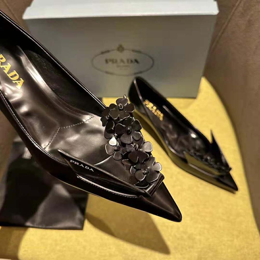Prada Women Brushed Leather Pumps with Floral Appliqués-Black - image 8