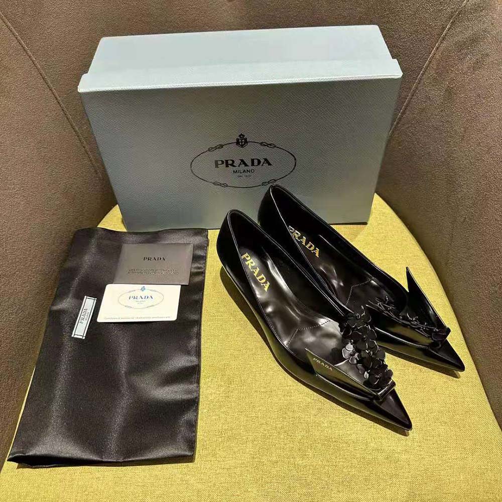 Top view showing buckle closure on Prada Women Brushed Leather Pumps with Floral Appliqués-Black