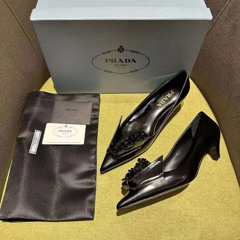 Prada Women Brushed Leather Pumps with Floral Appliqués-Black - image 5