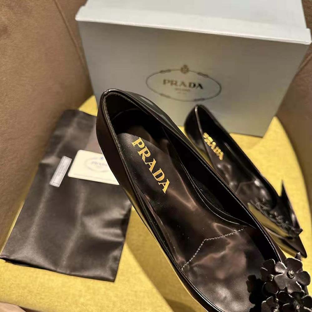 Prada Women Brushed Leather Pumps with Floral Appliqués-Black - image 7