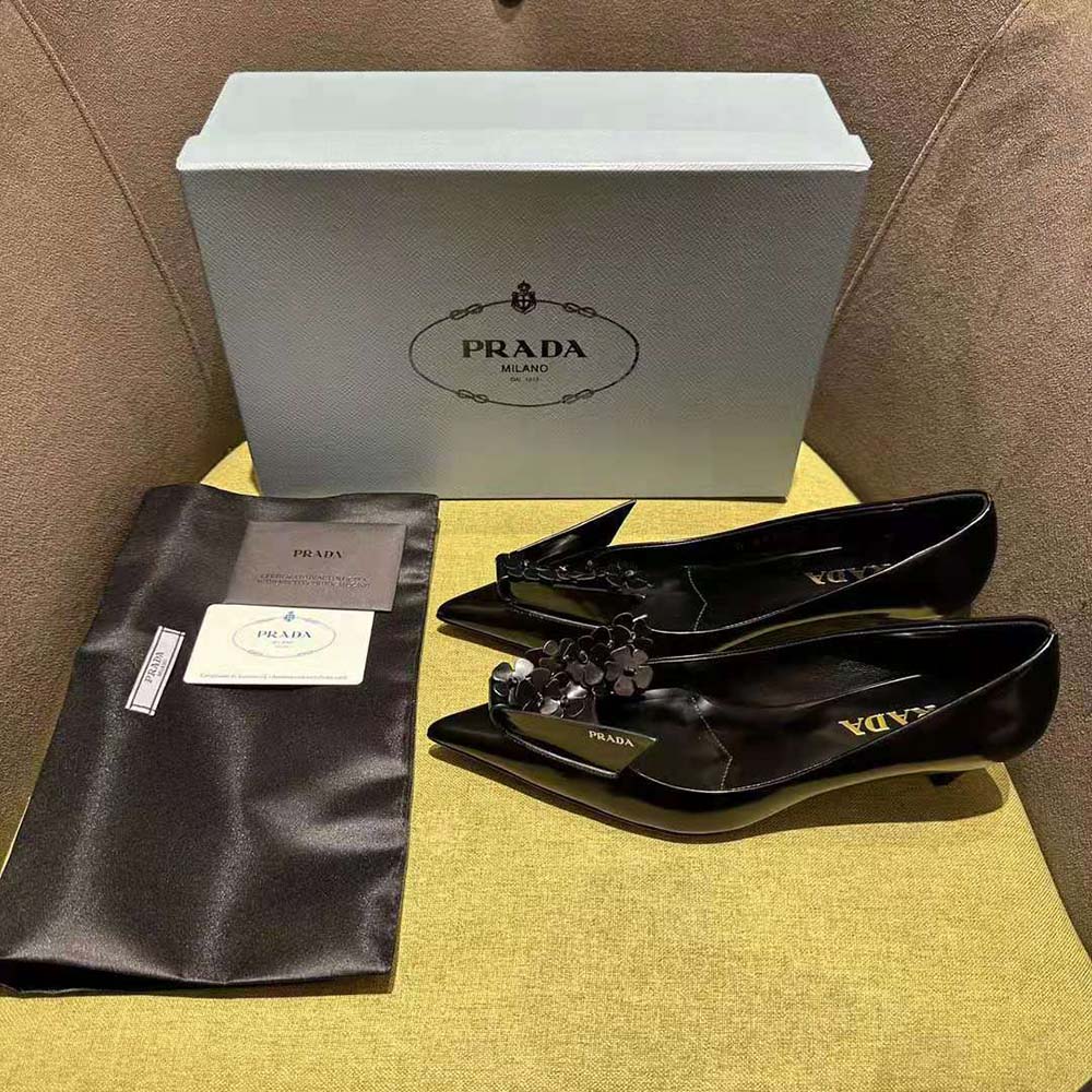 Prada Women Brushed Leather Pumps with Floral Appliqués-Black - image 4