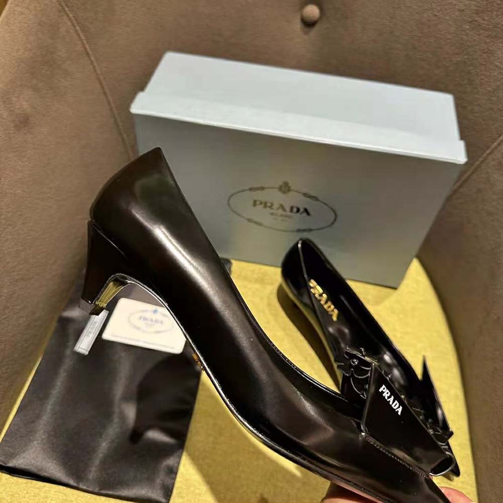 Prada Women Brushed Leather Pumps with Floral Appliqués-Black - image 9