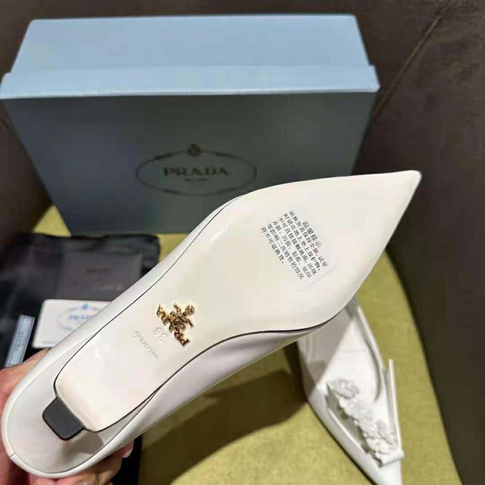 Prada Women Brushed Leather Pumps with Floral Appliqués-White - image 10