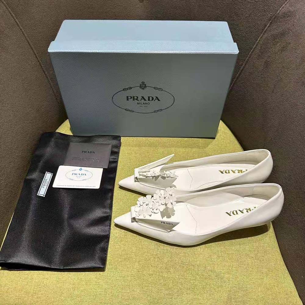 Prada Women Brushed Leather Pumps with Floral Appliqués-White - image 4