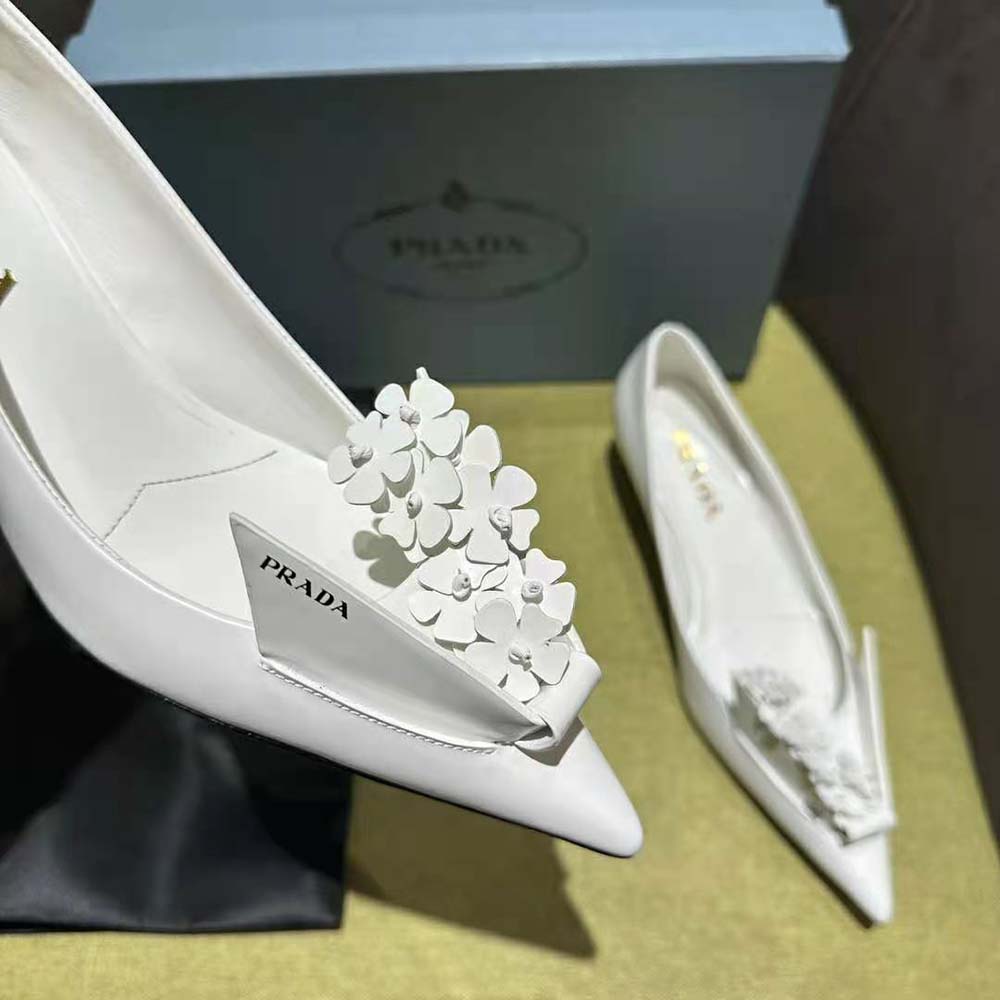 Prada Women Brushed Leather Pumps with Floral Appliqués-White - image 6