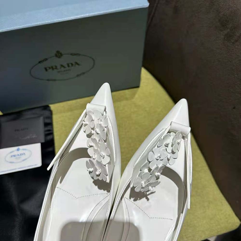 Prada Women Brushed Leather Pumps with Floral Appliqués-White - image 8