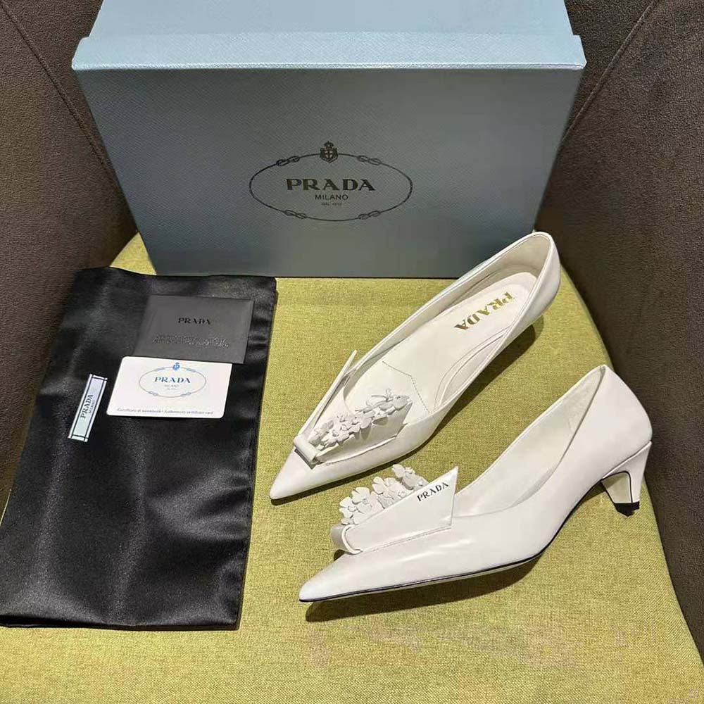 Prada Women Brushed Leather Pumps with Floral Appliqués-White - image 5