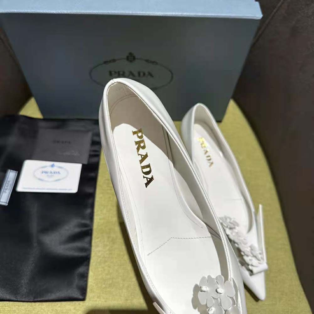 Prada Women Brushed Leather Pumps with Floral Appliqués-White - image 7