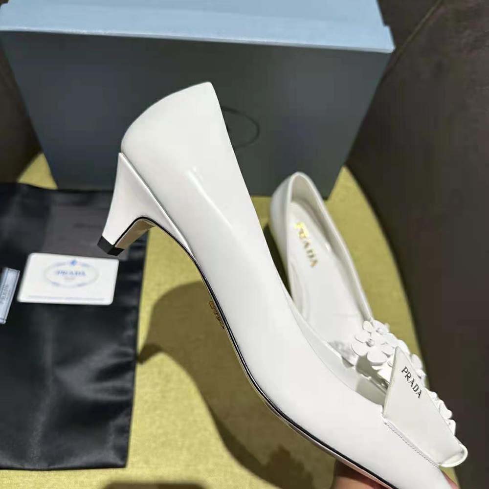 Prada Women Brushed Leather Pumps with Floral Appliqués-White - image 9