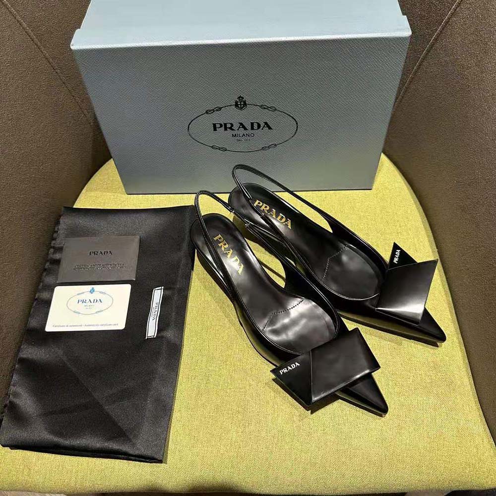 Top view highlighting black brushed leather and slingback strap on Prada Pumps