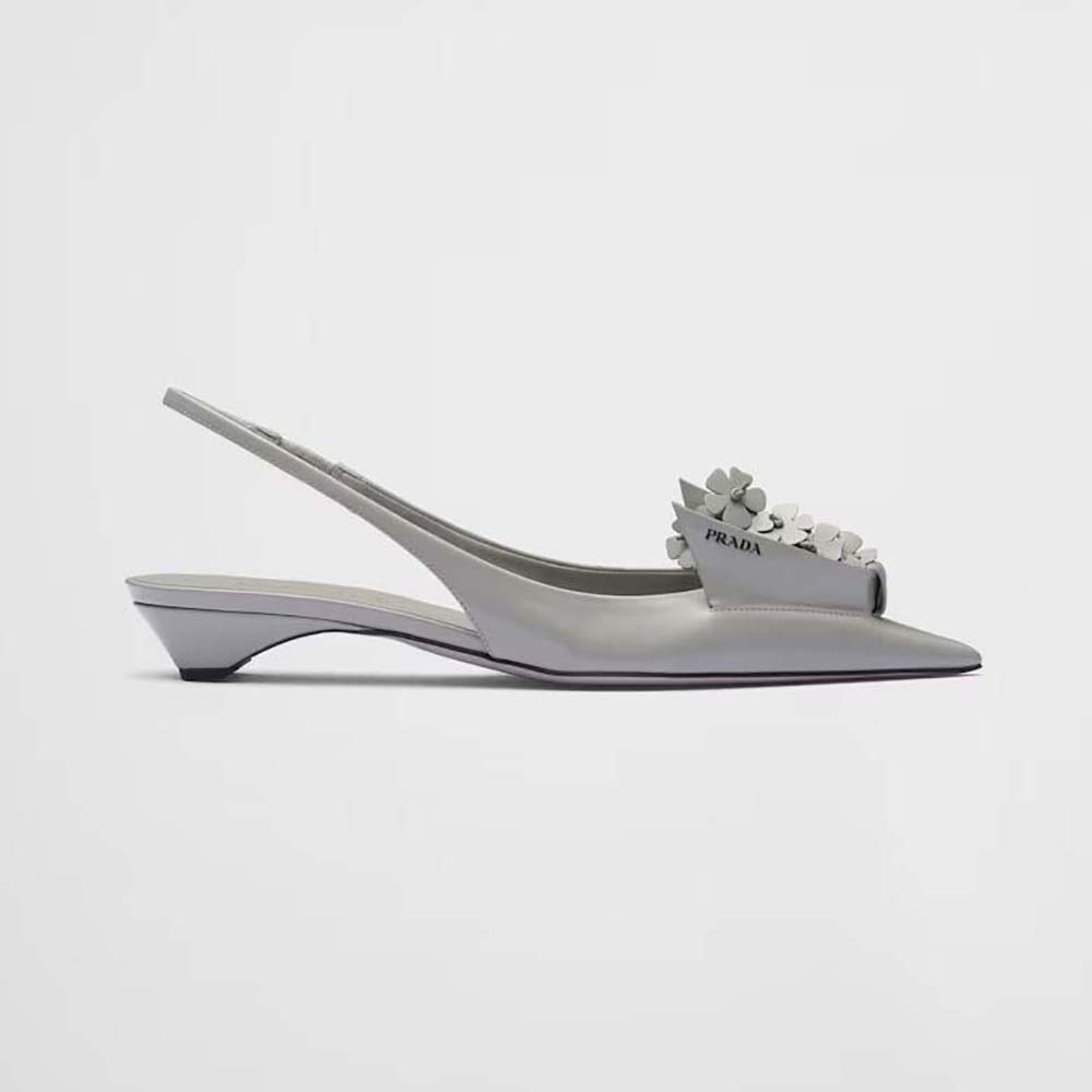 Prada Women Brushed Leather Slingback Pumps with Floral Appliques-Gray