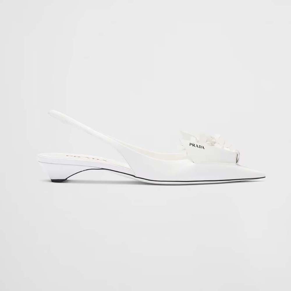 Prada Women Brushed Leather Slingback Pumps with Floral Appliques-White