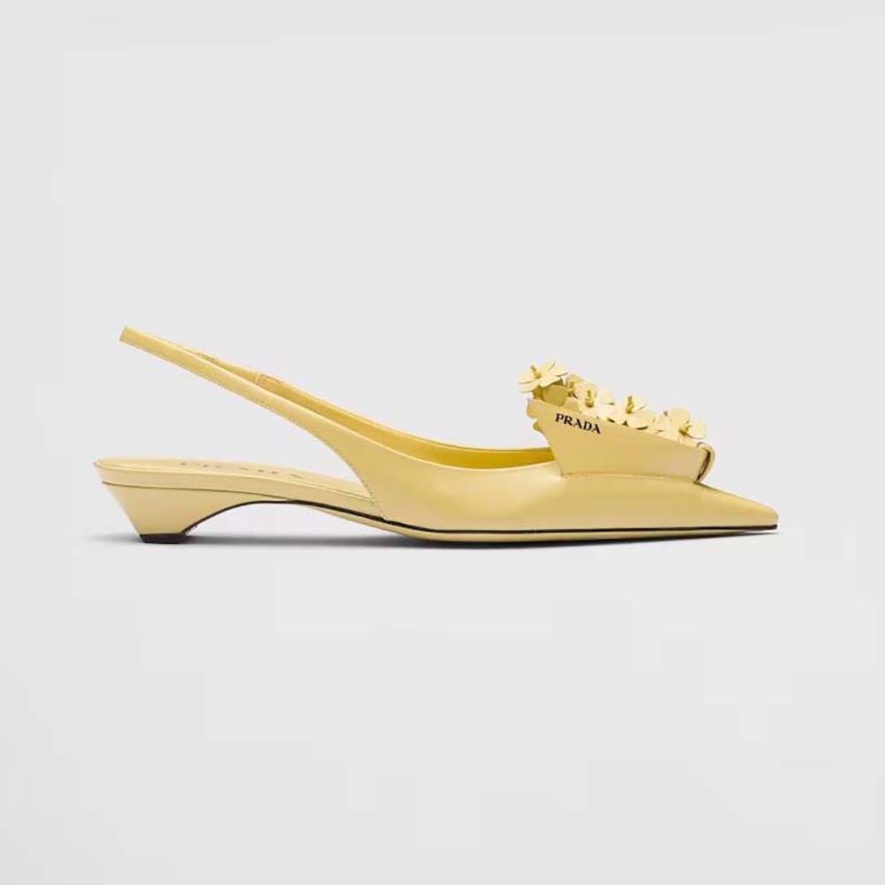 Side view of Prada Women Brushed Leather Slingback Pumps with Floral Appliques-Yellow