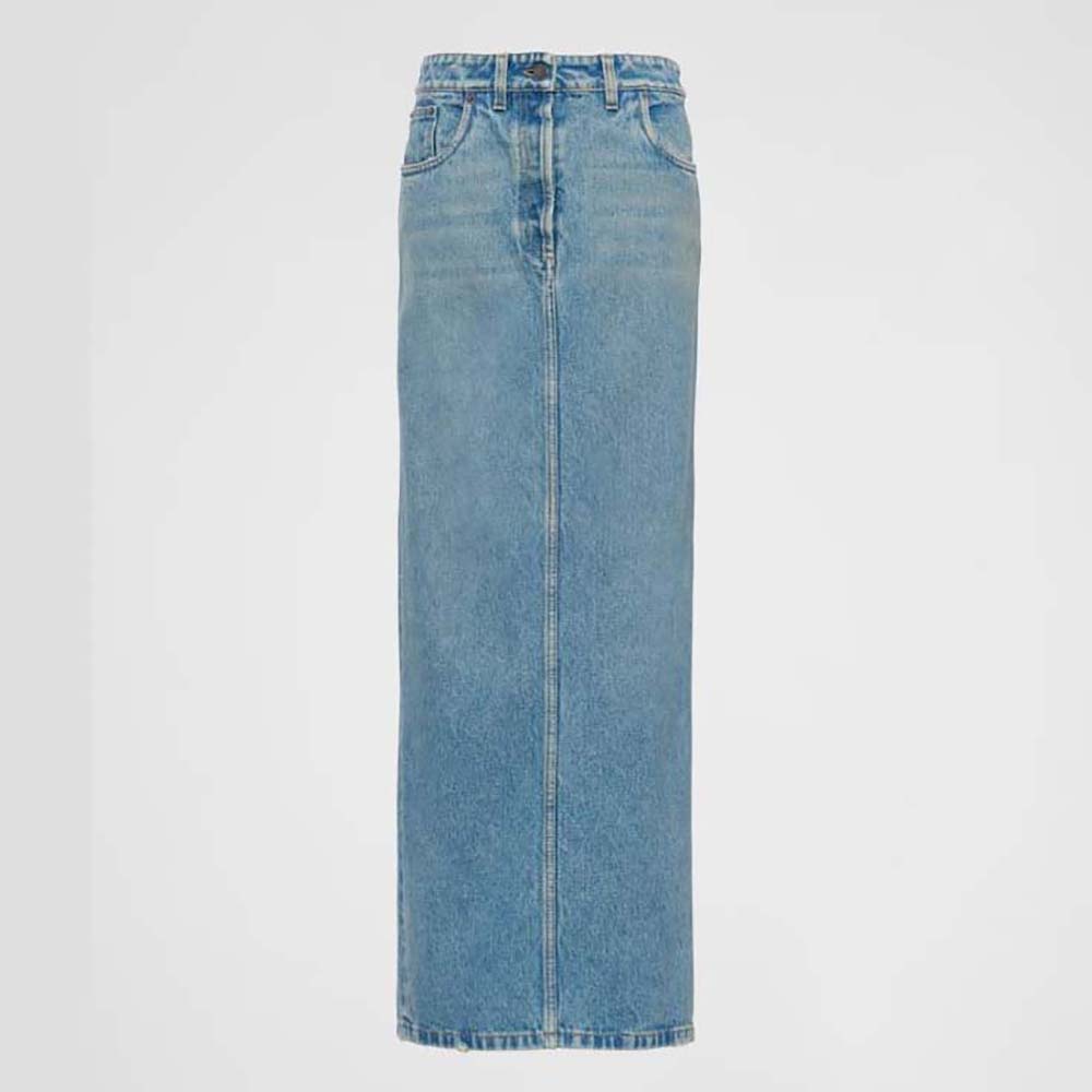 Front view of Prada Women Denim Maxi-skirt-Navy showcasing silhouette