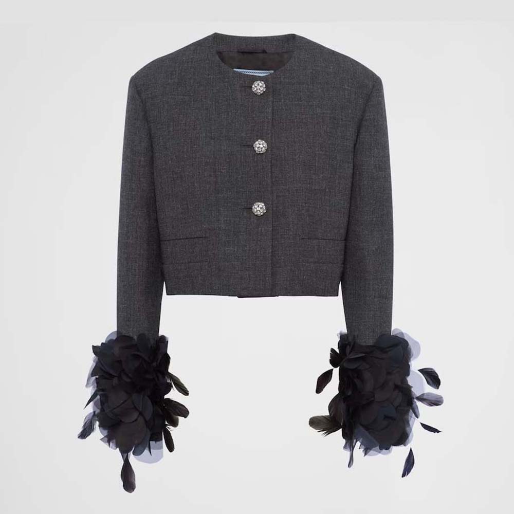Front view of Prada Women Feather-trimmed Single-breasted Wool Jacket-Gray