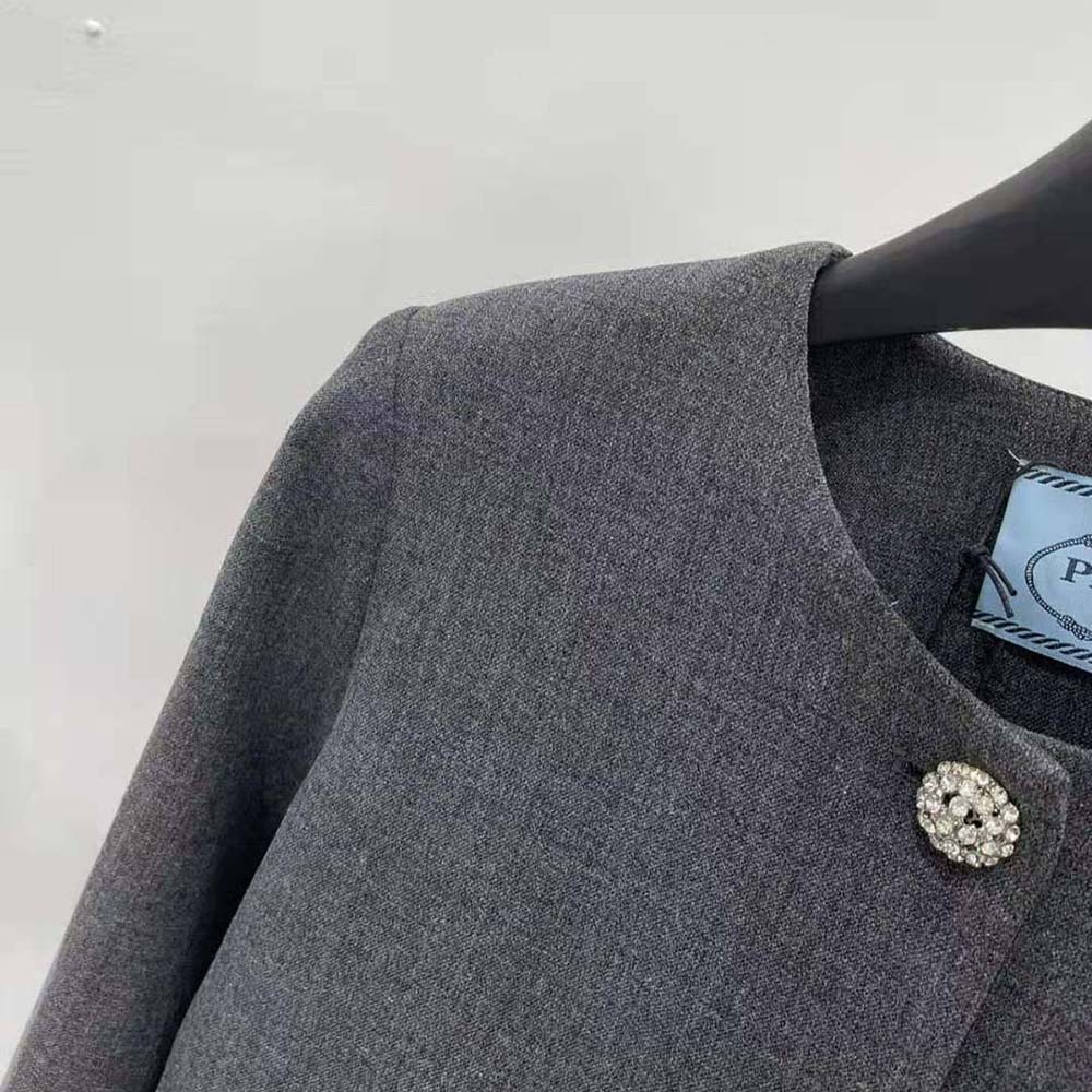 Prada Women Feather-trimmed Single-breasted Wool Jacket-Gray - image 4