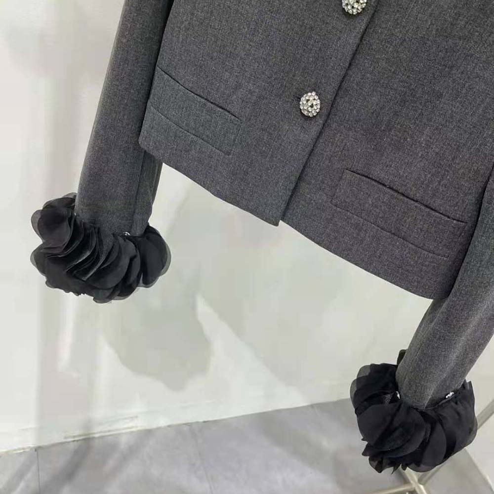 Prada Women Feather-trimmed Single-breasted Wool Jacket-Gray - image 10