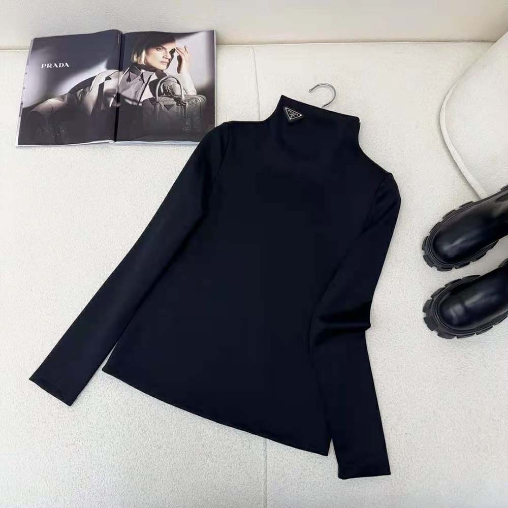 Side angle of Prada Women Jersey Turtleneck Top-Black highlighting silhouette