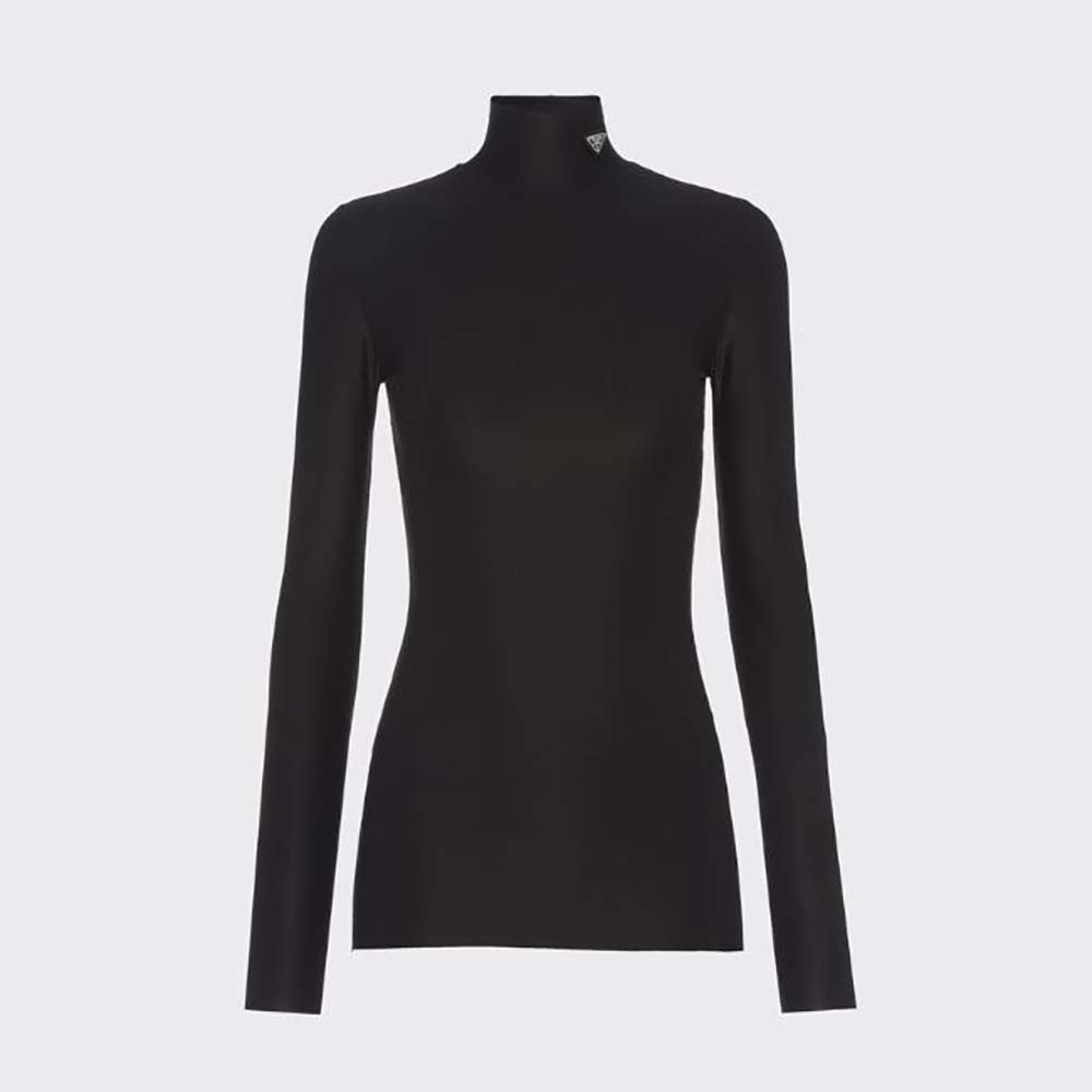 Front view of Prada Women Jersey Turtleneck Top-Black showcasing fit
