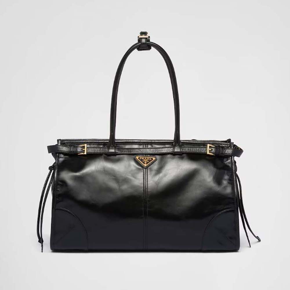 Front view of Prada Women Large Leather Handbag-Black showing sleek silhouette
