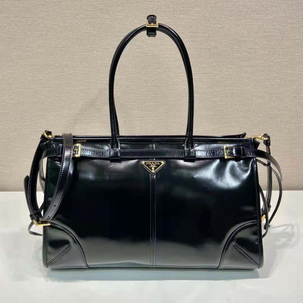 Close-up of silver hardware and smooth leather on Prada Women Large Leather Handbag-Black