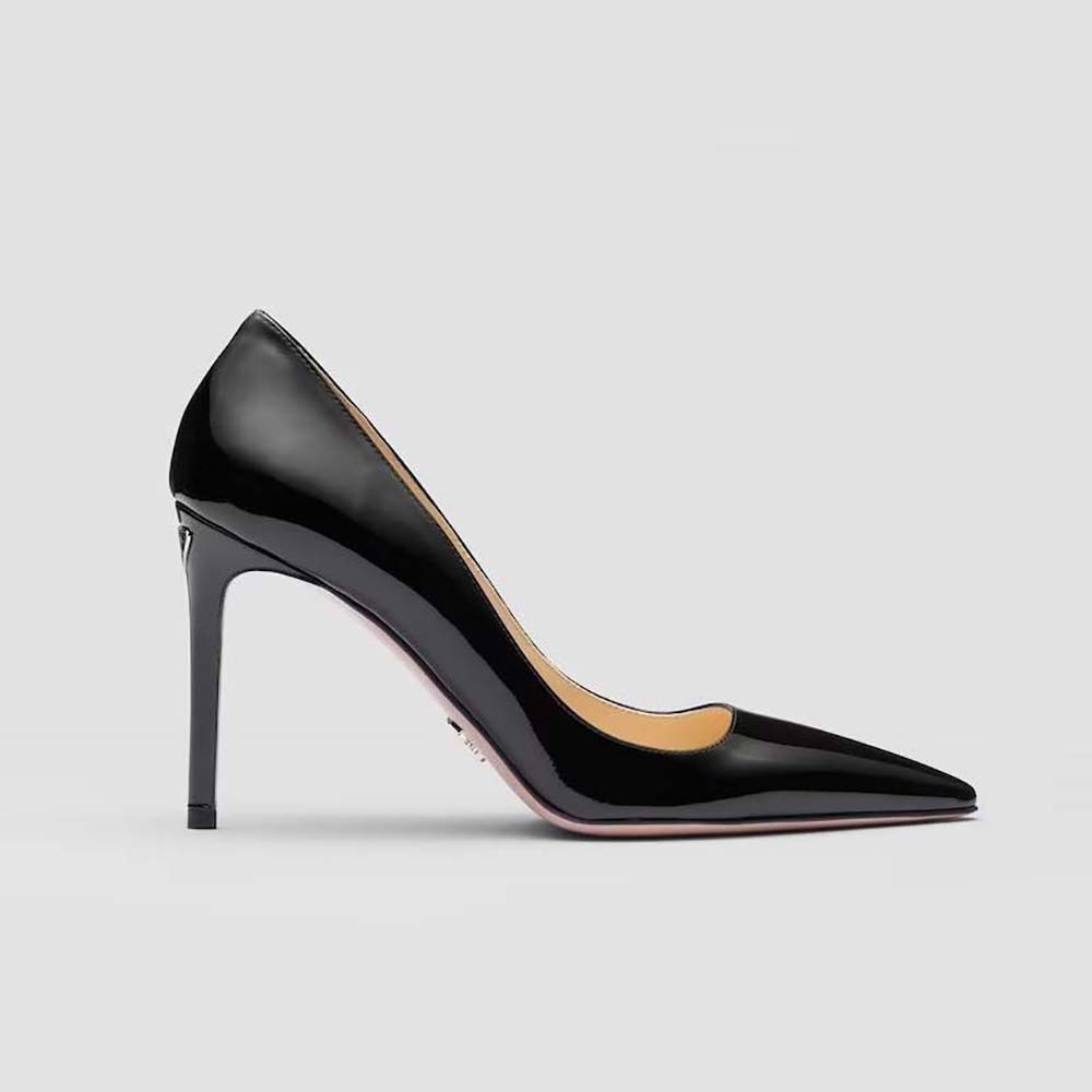Side view of Prada Women Patent Leather Pumps-Black showing sleek silhouette
