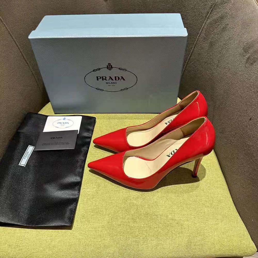 Top view highlighting pointed toe and slip-on style of Prada Women Patent Leather Pumps-Red