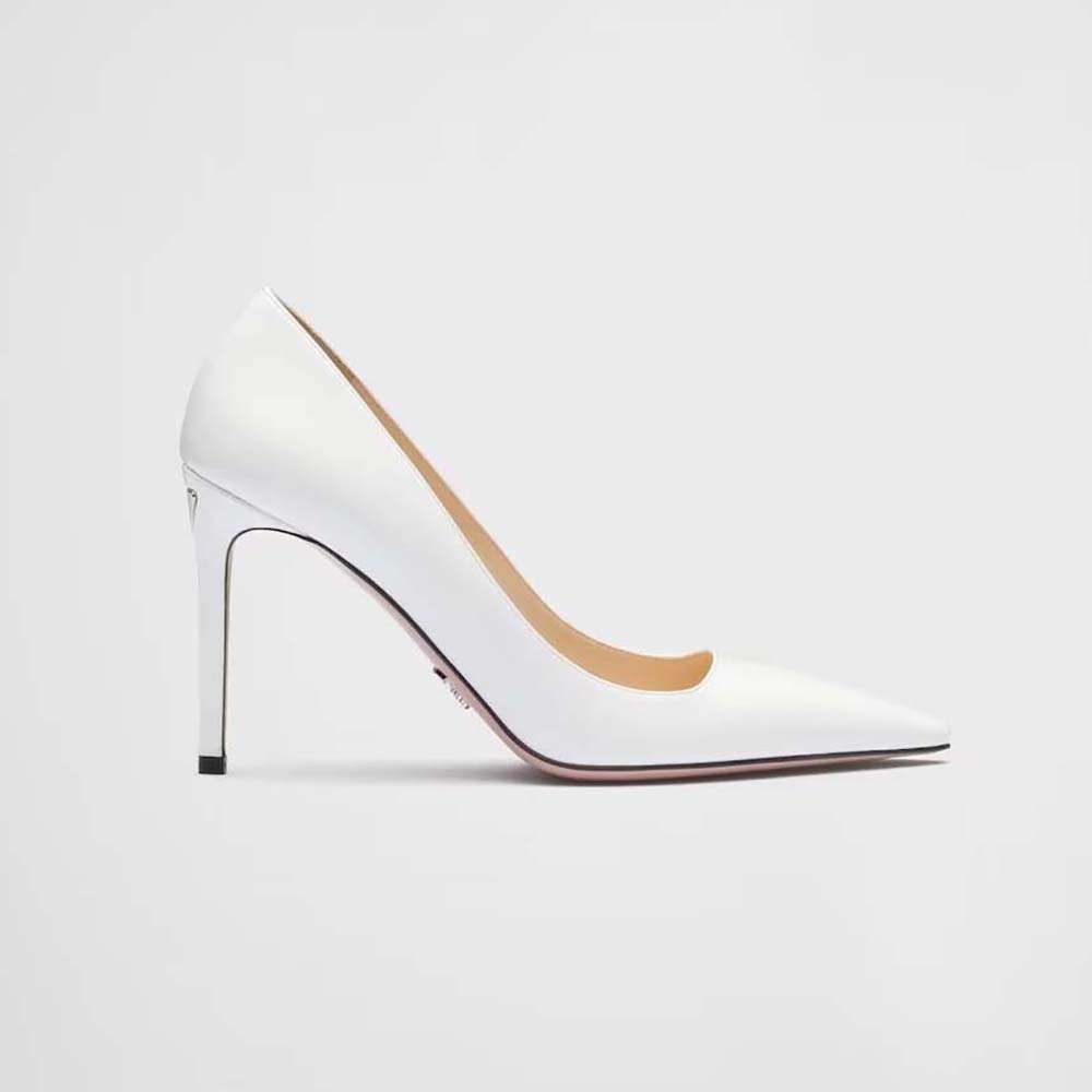 Side view of Prada Women Patent Leather Pumps-White high heel shoes