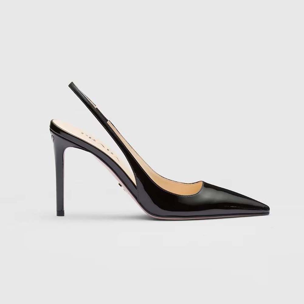 Side view of Prada Women Patent Leather Slingbacks-Black showing heel and strap