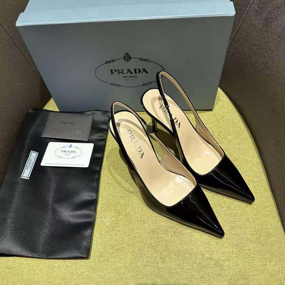 Overhead shot of Prada Women Patent Leather Slingbacks-Black highlighting glossy finish