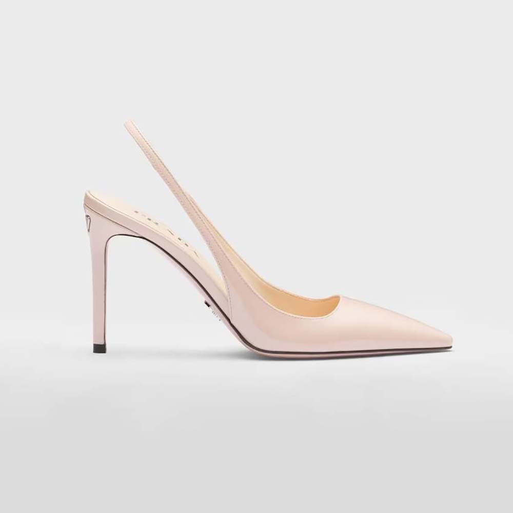 Side view of Prada Women Patent Leather Slingbacks-Pink high heel