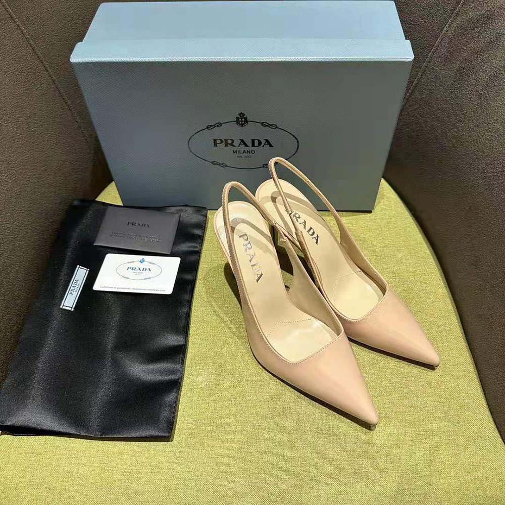 Rear angle showing adjustable slingback strap on Prada Women Patent Leather Slingbacks-Pink