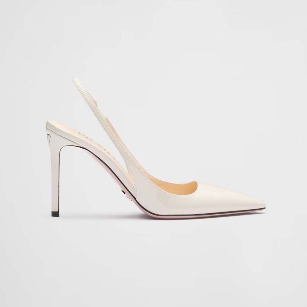 Side view of Prada Women Patent Leather Slingbacks-White showing glossy finish
