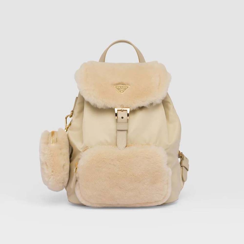 Front view of Prada Women Re-Nylon and Shearling Backpack-Beige