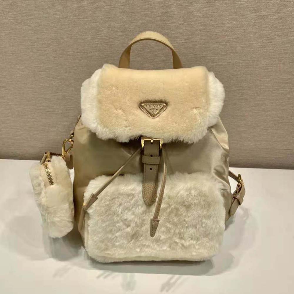 Close-up detail of shearling texture on Prada Women Re-Nylon Backpack