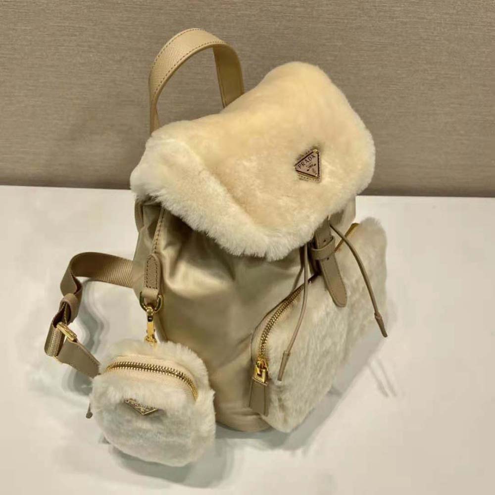 Prada Women Re-Nylon and Shearling Backpack-Beige - image 4